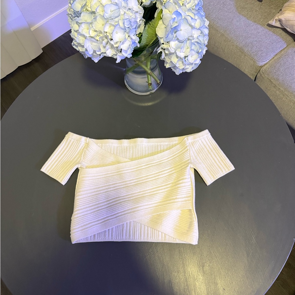 aerie Cream Ribbed Off-Shoulder Crop Top